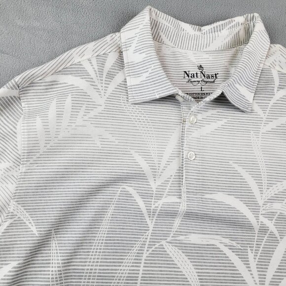Nat Nast Luxury Shirt Mens Large White Gray Leaves Stripes Golf Polo - Picture 3 of 7